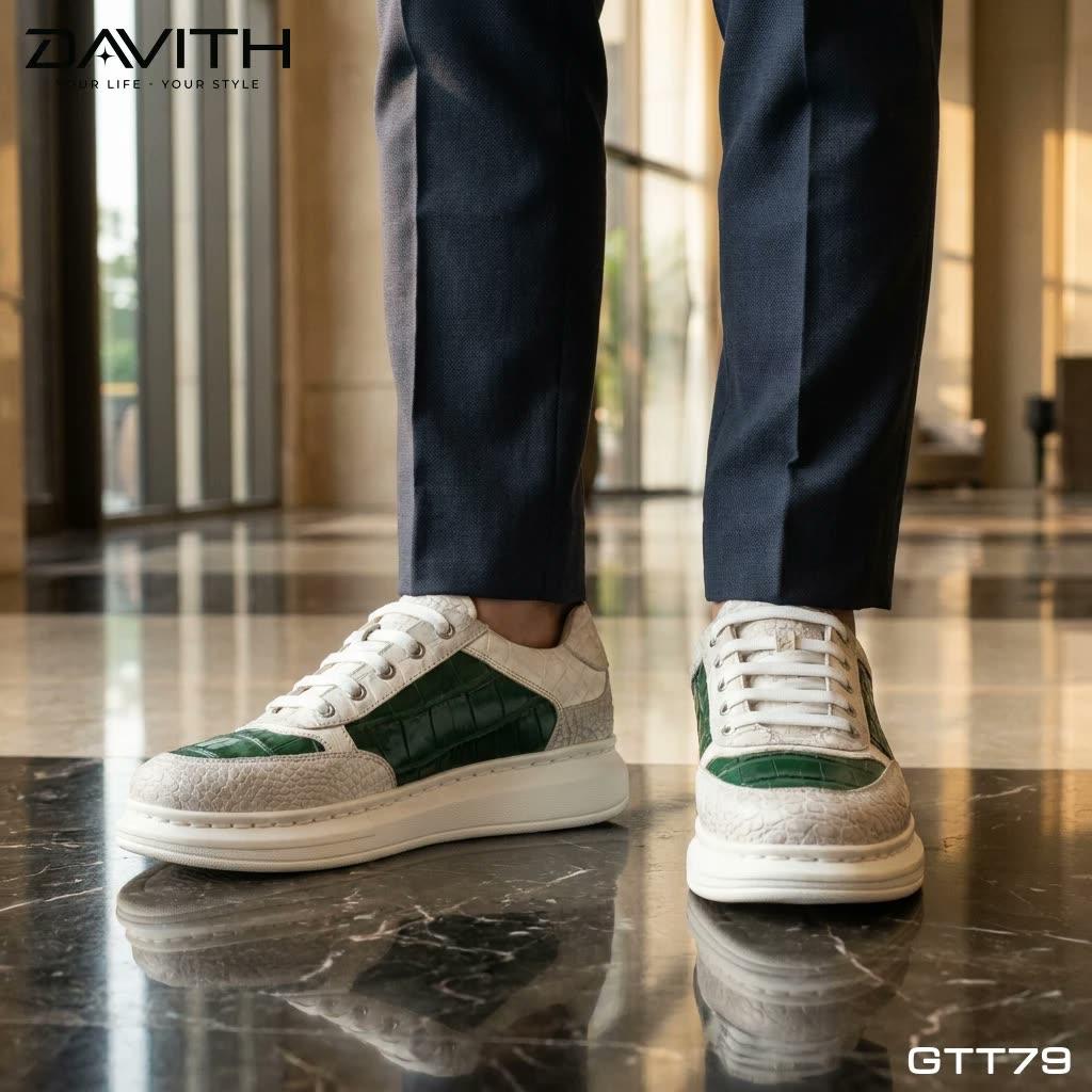 Sneaker da bụng cá sấu bạch tạng phối xanh GTT79 khi mang